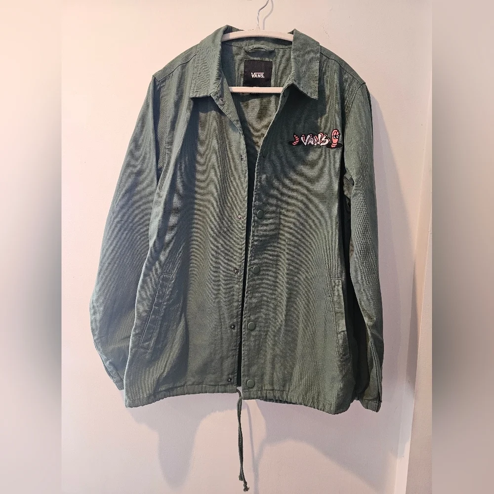 Vans Olive Green Coach Jacket Small Embroidered Logo Streetwear